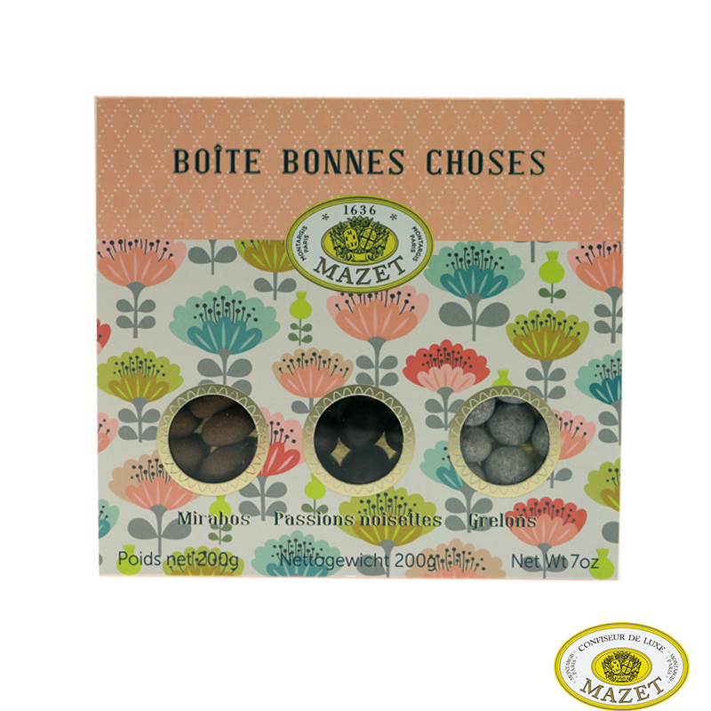 Boite Bonnes Choses Rose - Confiseries - Boite spécialité noisette. Fabriqué par MAZET à MONTARGIS CEDEX (Loiret-45).