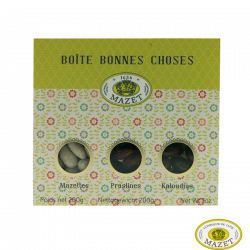 Boite Bonnes Choses Jaune - Confiseries - Boite spécialité amande et prasline. Fabriqué par MAZET à MONTARGIS CEDEX (Loiret-45).