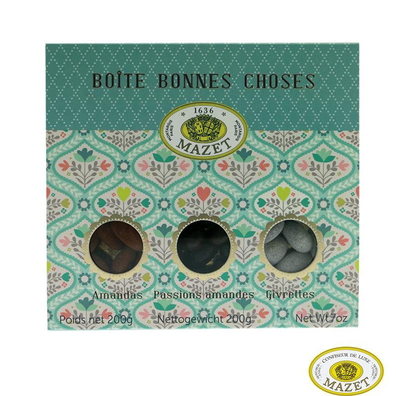 Boite Bonnes Choses Bleue - Confiseries - Boite spécialité amande. Fabriqué par MAZET à MONTARGIS CEDEX (Loiret-45).