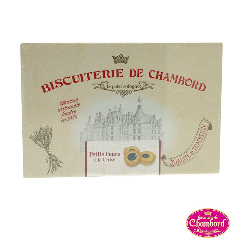 Petits Fours à la Cerises en Boite 300g - Biscuits et Pâtisseries sucrés - Biscuits à la cerise. Fabriqué par BISCUITERIE DE CHAMBORD à MASLIVES (Loir-et-Cher-41).