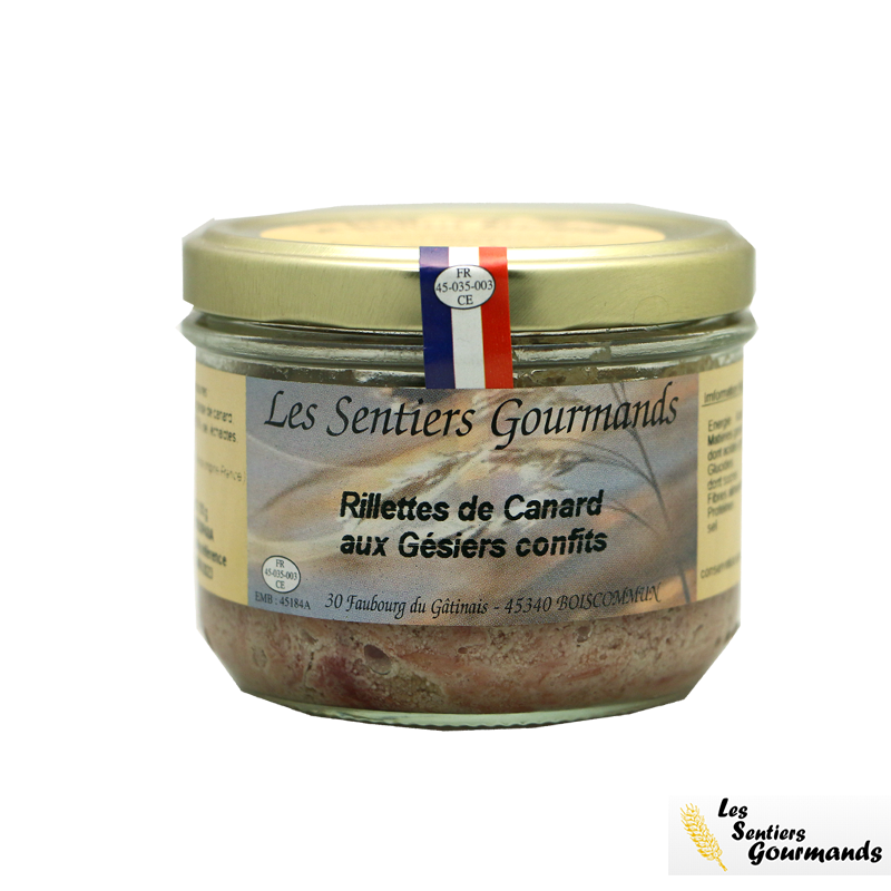 Rillettes de Canard et Gésiers Confits - Pâtés, Terrines, Mousses et Rillettes - Rillettes de canard et gésiers confits. Fabriqué par LES SENTIERS GOURMANDS à BOISCOMMUN (Loiret-45).