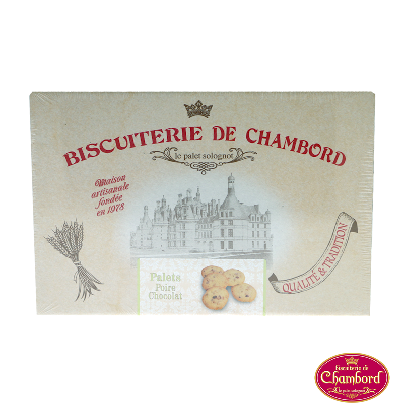 Sablés de Chambord à la Poire et au Chocolat 300gr - Biscuits et Pâtisseries sucrés - Biscuits à la poire et au chocolat. Fabriqué par BISCUITERIE DE CHAMBORD à MASLIVES (Loir-et-Cher-41).