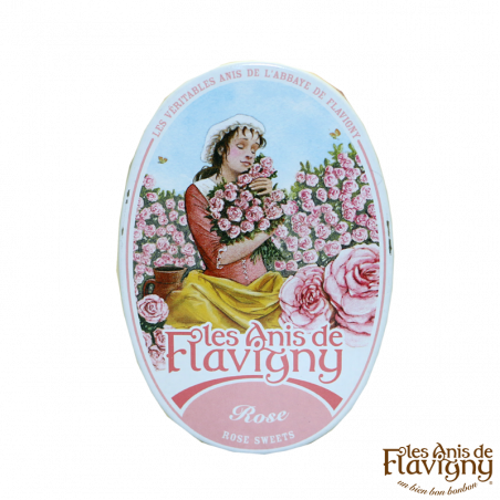 Flavigny Boite 50g à la Rose - Confiseries - Petits bonbons à la rose. Fabriqué par ANIS DE L'ABBAYE DE FLAVIGNY à FLAVIGNY-SUR-OZERAIN (Côte-d'Or-21).