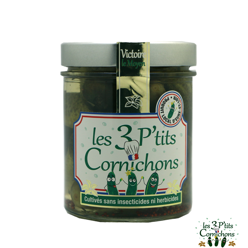 Les 3 P'tits Cornichons Moyens - Condiments, Olives et Champignons - Cornichons de taille moyenne. Fabriqué par SCEA DE MIZERAY à EPEAUTROLLES (Eure-et-Loir-28).