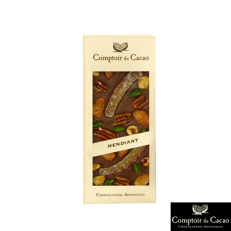 Tablette de Chocolat Lait et Mendiant 90g - Chocolats - Tablette de chocolat au lait et Mendiant.  Fabriqué par COMPTOIR DU CACAO à BAZOCHE SUR LE BETZ (Loiret - 45).