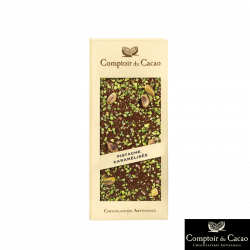 Tablette au Chocolat au Lait et Pistache Caramélisée 90gr - Chocolats - Tablette au Chocolat au Lait et Pistache Caramélisée.  Fabriqué par COMPTOIR DU CACAO à BAZOCHE SUR LE BETZ (Loiret - 45).