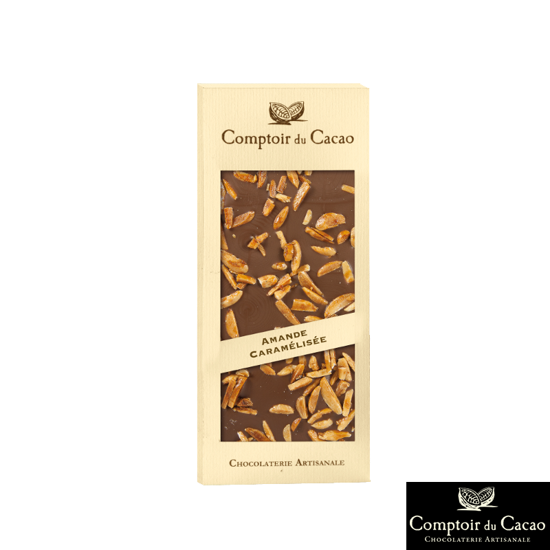 Caramelized Almond Milk Chocolate Bar 90gr - Chocolates - Caramelized Almond Milk Chocolate Bar. Manufactured by COMPTOIR DU CACAO in BAZOCHE SUR LE BETZ (Loiret - 45).