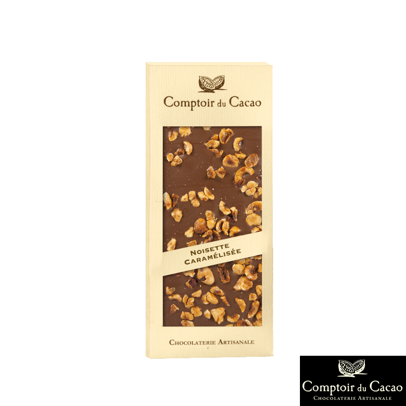 Caramelized Hazelnut Milk Chocolate Bar 90gr - Chocolates - Caramelized Hazelnut Milk Chocolate Bar. Manufactured by COMPTOIR DU CACAO in BAZOCHE SUR LE BETZ (Loiret - 45).