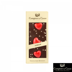 Dark Chocolate Bar with Hearts 90gr - Chocolates - Dark Chocolate Bar with Hearts. Manufactured by COMPTOIR DU CACAO in BAZOCHE SUR LE BETZ (Loiret - 45).