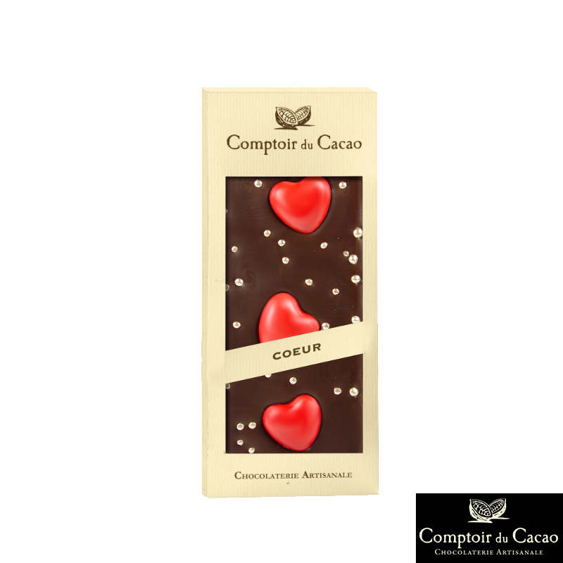 Tablette de Chocolat Noir avec des Cœurs 90gr - Chocolats - Tablette de Chocolat Noir avec des Cœurs.  Fabriqué par COMPTOIR DU CACAO à BAZOCHE SUR LE BETZ (Loiret - 45).