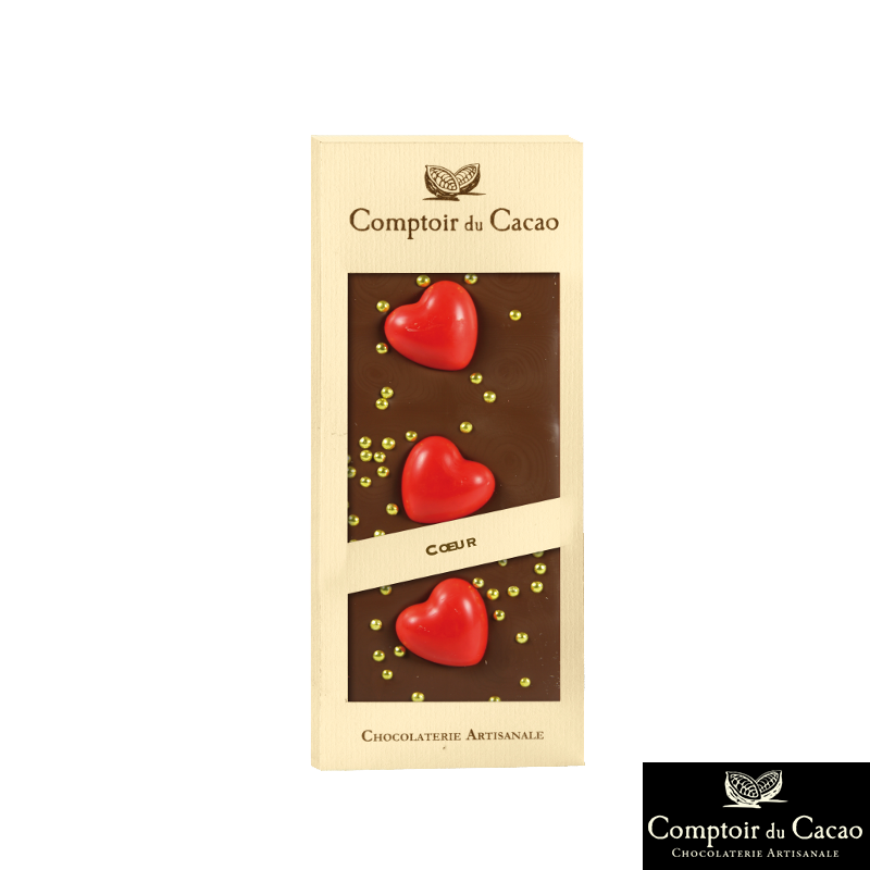 Tablette de Chocolat au Lait avec des Cœurs 90gr  - Chocolats - Tablette de Chocolat au Lait avec des Cœurs.  Fabriqué par COMPTOIR DU CACAO à BAZOCHE SUR LE BETZ (Loiret - 45).