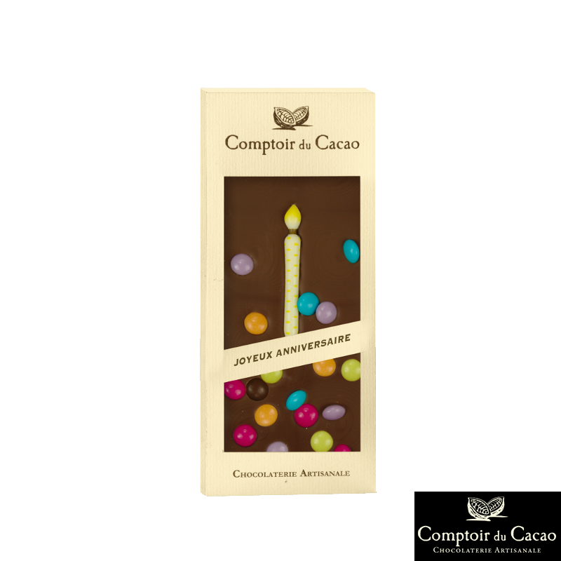Tablette de Chocolat au Lait Joyeux Anniversaire 90gr  - Chocolats - Tablette de Chocolat au Lait Joyeux Anniversaire.  Fabriqué par COMPTOIR DU CACAO à BAZOCHE SUR LE BETZ (Loiret - 45).